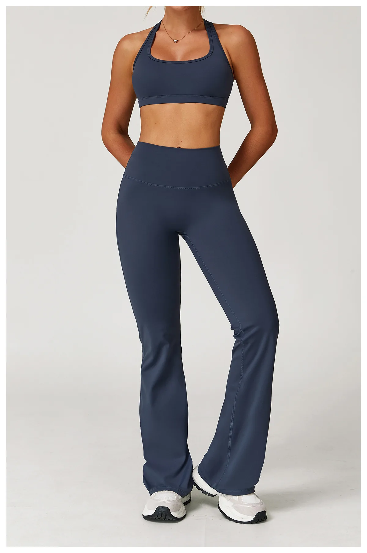 YEEGEM YGCK2020-1 high-waist flared pants in blue gray, styled front view