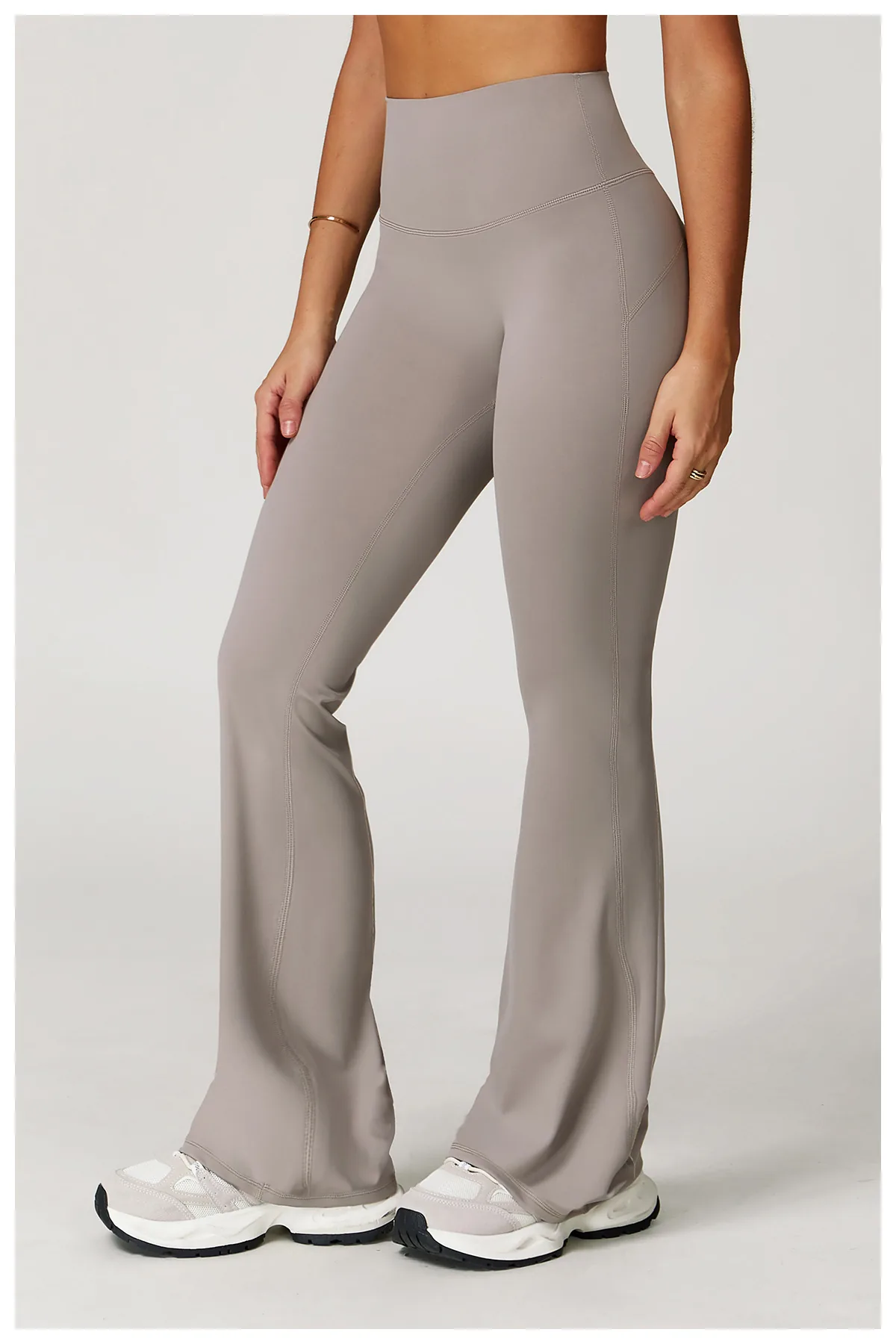 YEEGEM YGCK2020-1 high-waist flared pants in flax beige, angled view