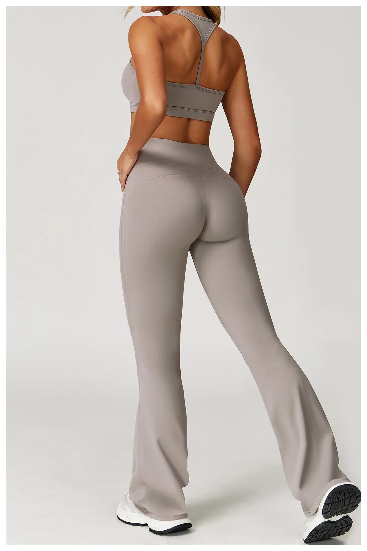 YEEGEM YGCK2020-1 high-waist flared pants in flax beige, back view