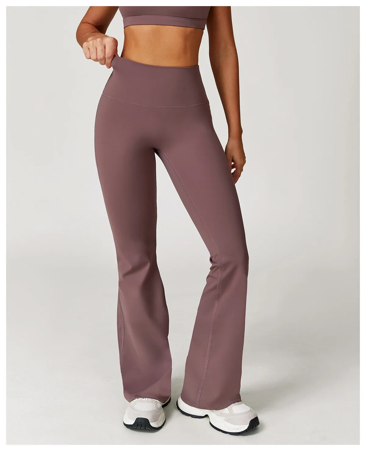 YEEGEM YGCK2020-1 high-waist flared pants in muted mauve, angled view