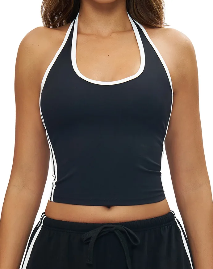 YEEGEM YGBX4506 contrast halter top in black, front view
