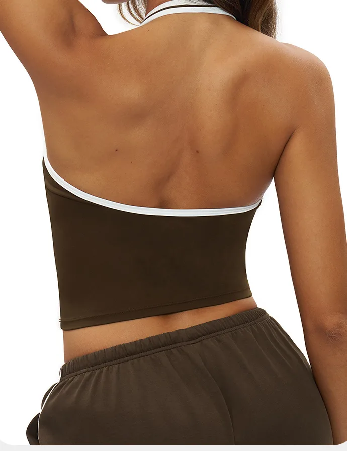YEEGEM YGBX4506 contrast halter top in coffee brown, back view