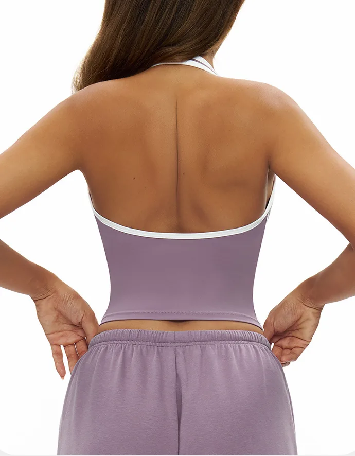 YEEGEM YGBX4506 contrast halter top in dusty purple, back view
