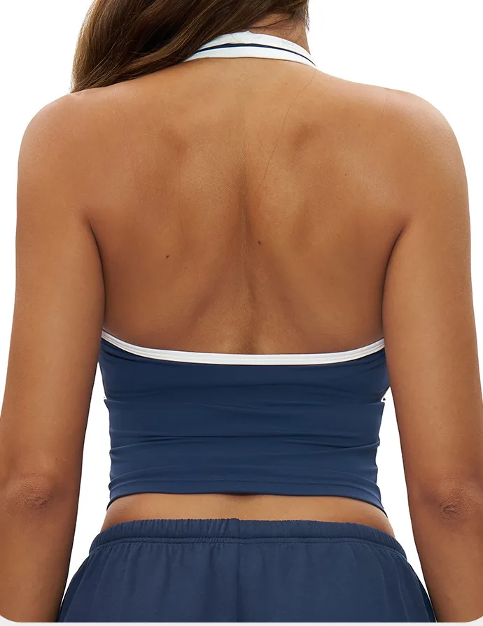 YEEGEM YGBX4506 contrast halter top in navy, back view