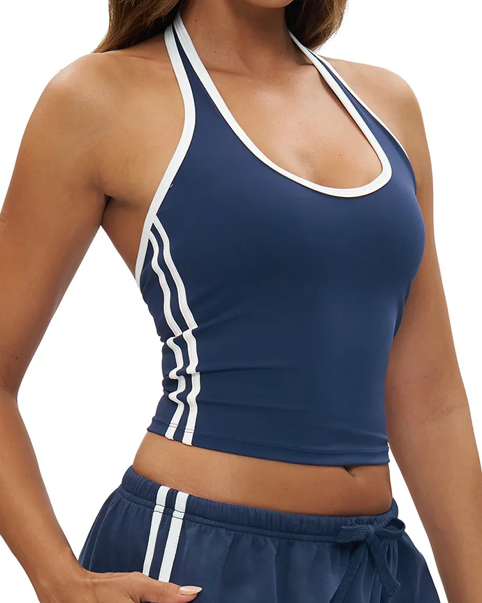 YEEGEM YGBX4506 contrast halter top in navy, side view