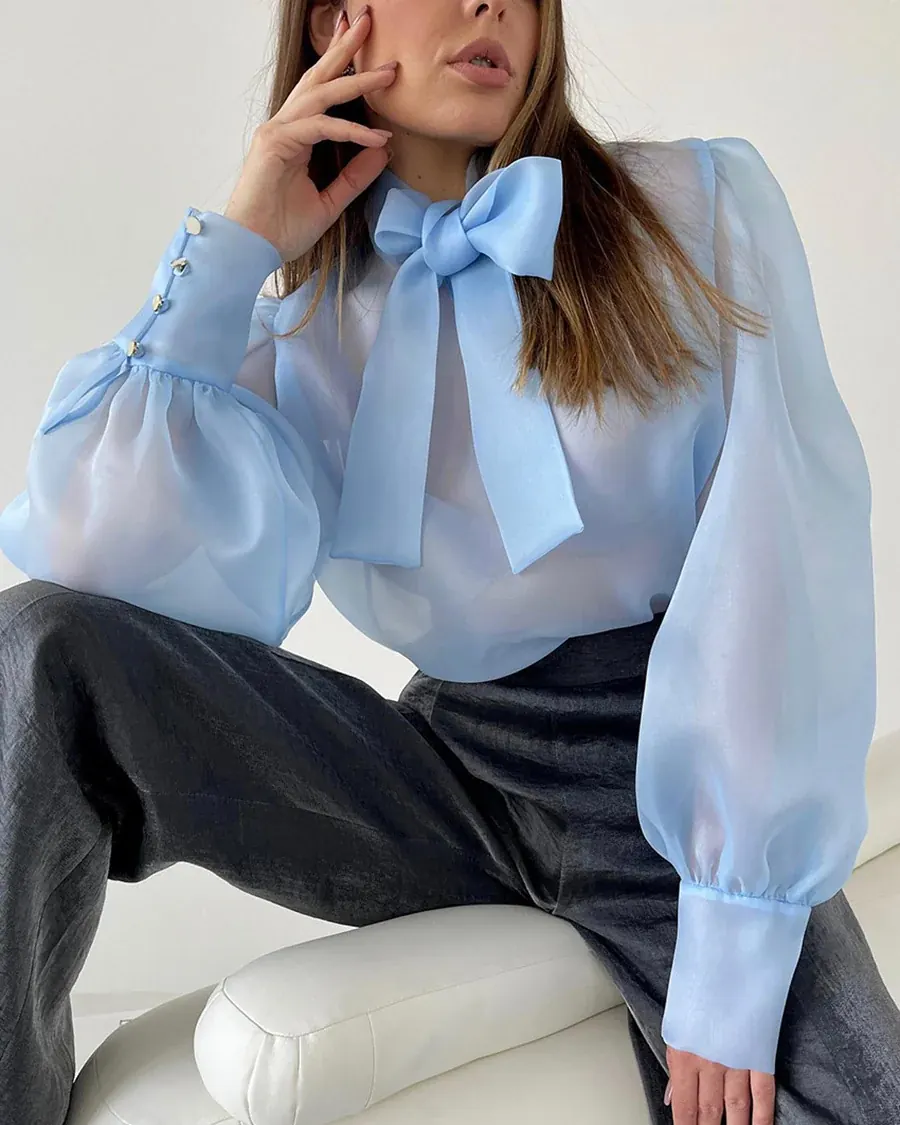 Bow-neck blouse — Front reference · Blue