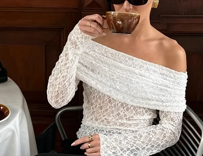 Off-shoulder textured top — Neckline & texture