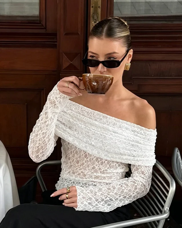 Off-shoulder textured top — Front reference · Ivory
