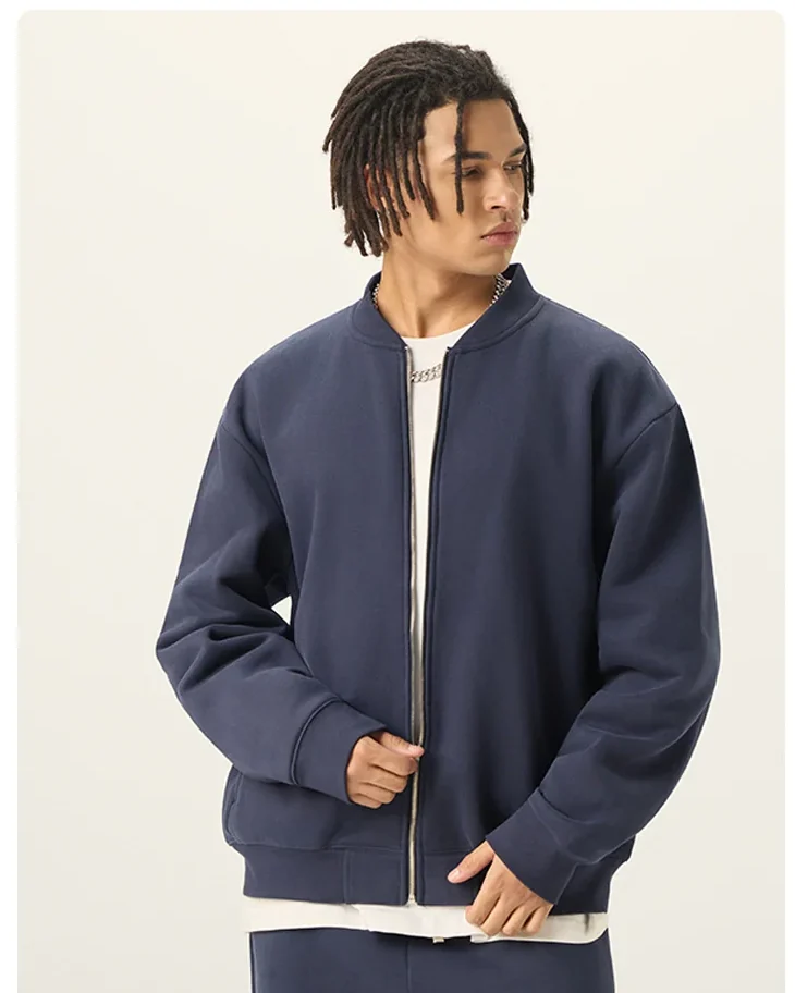 Rib-collar zip jacket — Front reference · Navy