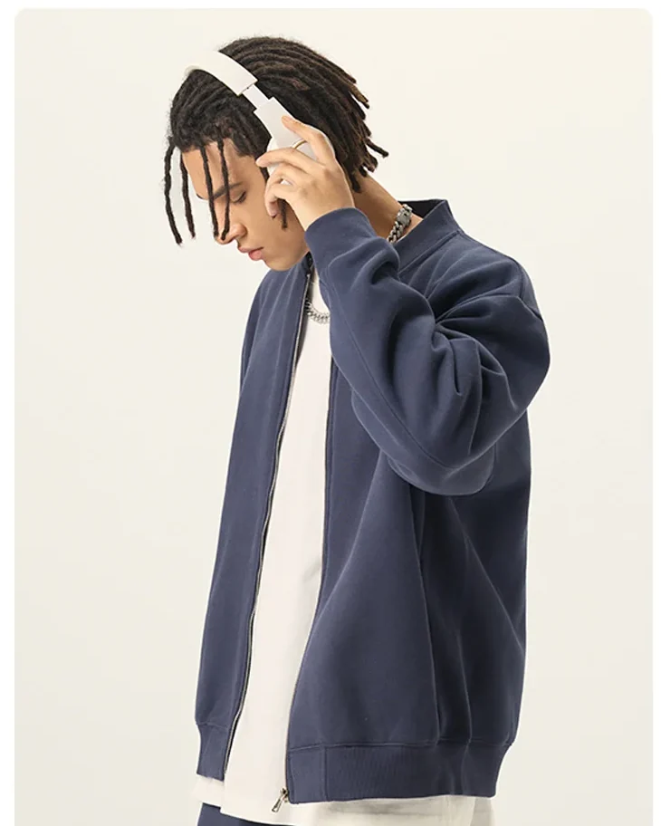 Rib-collar zip jacket — Side reference · Navy