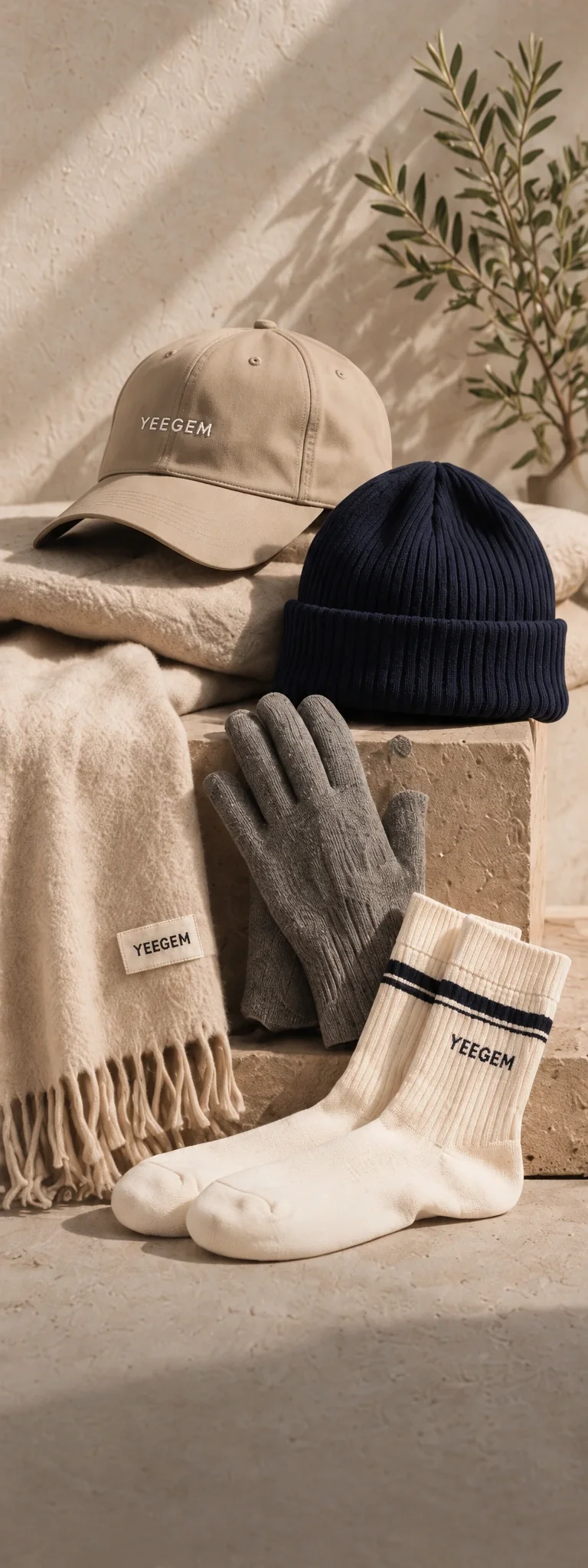 Coordinated cap, beanie, scarf, gloves and socks in neutral colors