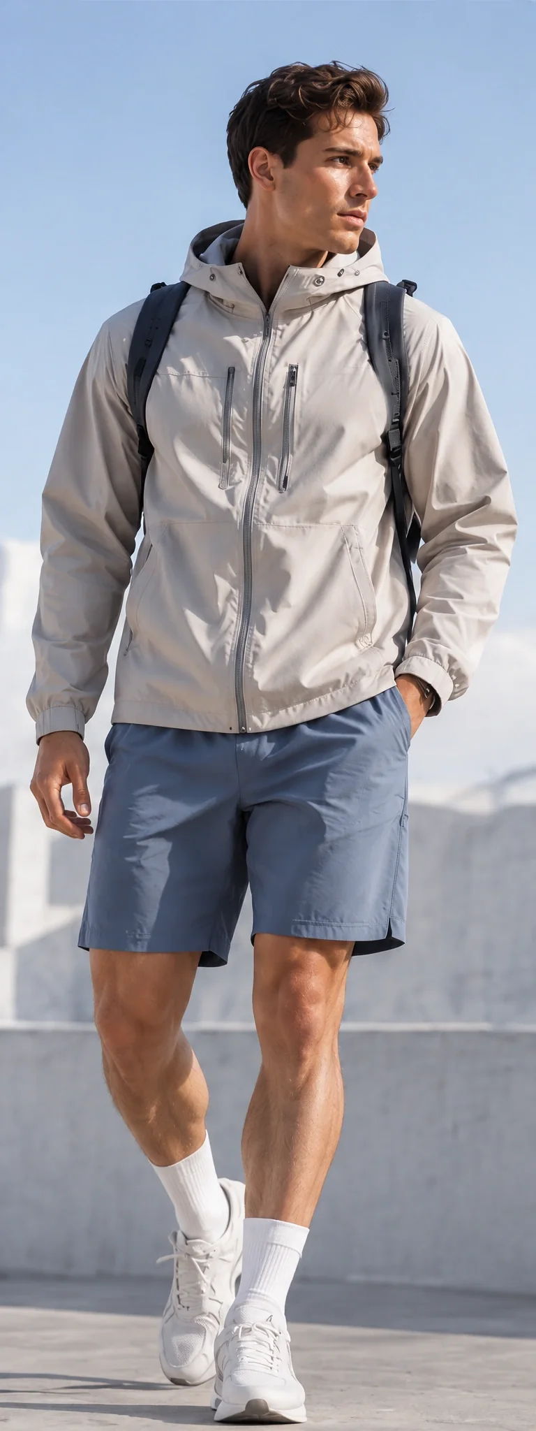 Man wearing a light hooded jacket and blue shorts outdoors
