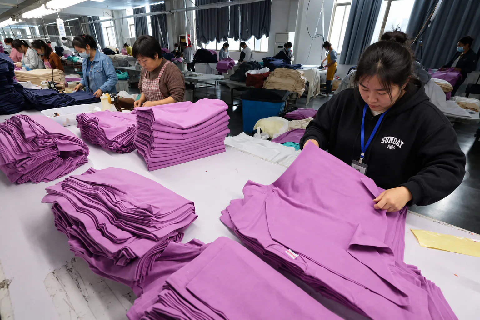 Inspecting light-colored garments during bulk production.