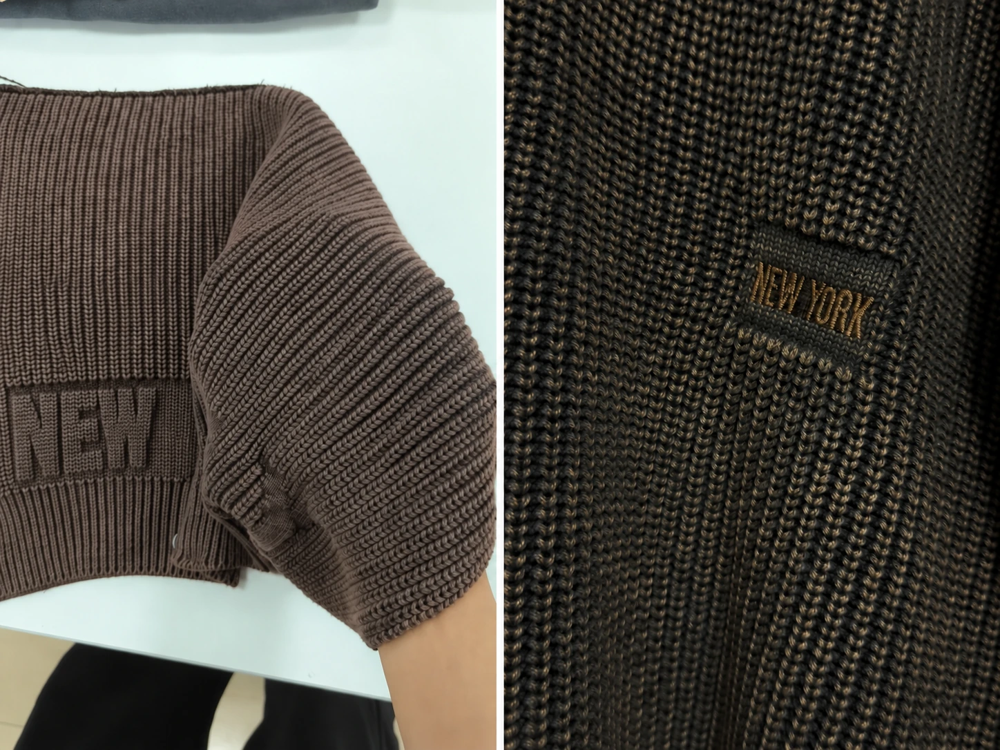 Factory knit-down swatches showing knit structure and a small embroidered detail, with anonymized lettering.