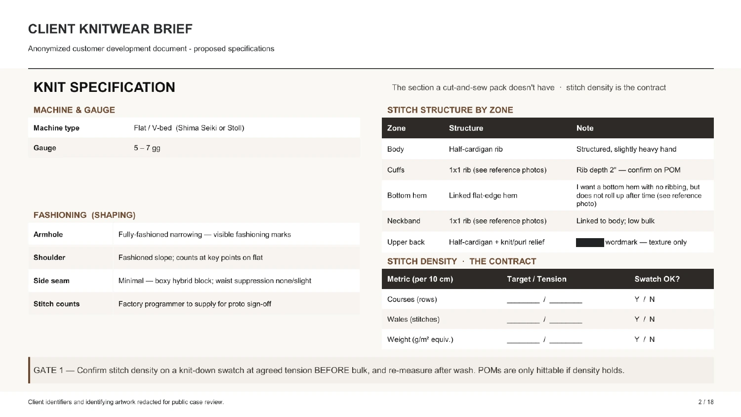 Anonymized excerpt from the client's knitwear technical specification.