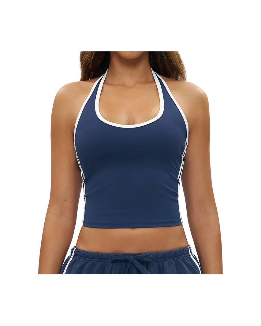 YEEGEM YGBX4506 navy contrast-trim halter top, front view