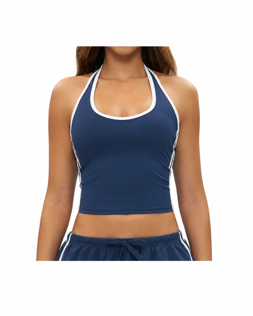 YEEGEM YGBX4506 contrast halter top in navy, front view