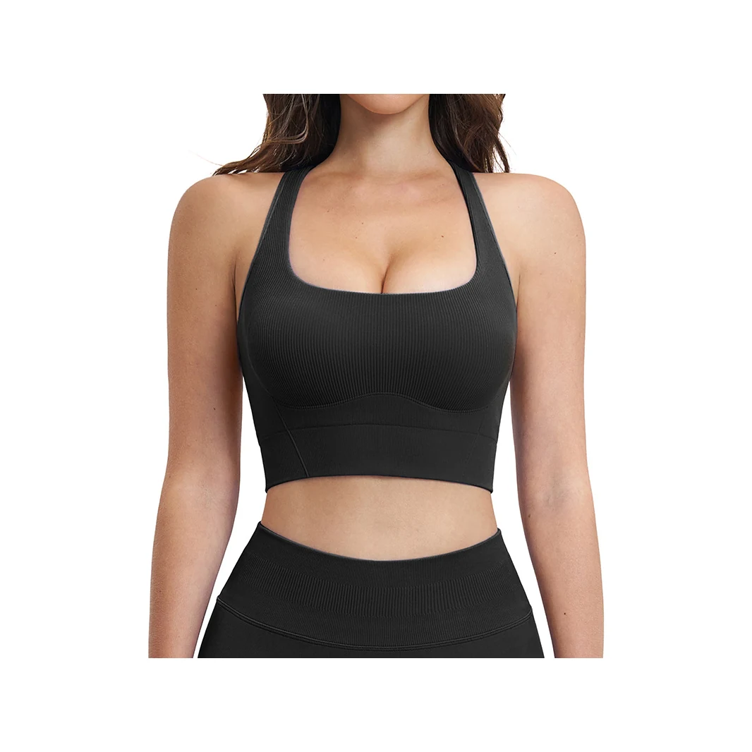 YEEGEM YGBX5518-1 longline racerback active bra, black front