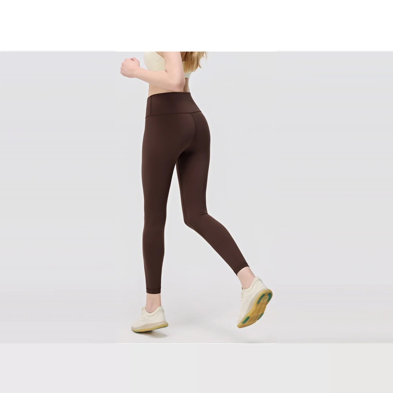 YEEGEM YGCK16 supportive high-waist training leggings, brown back angled view
