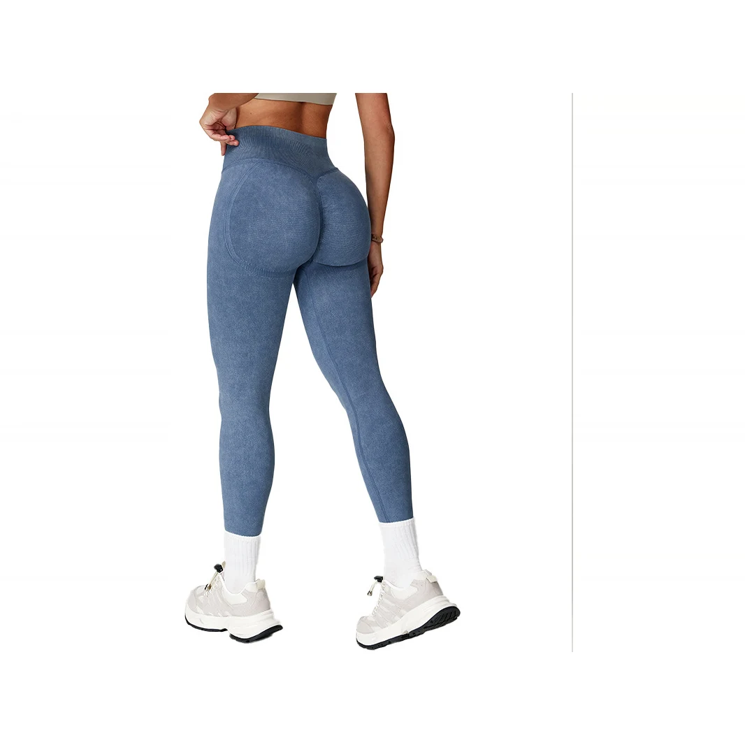 YEEGEM YGCK5064 washed seamless sculpting leggings, washed blue back angled view