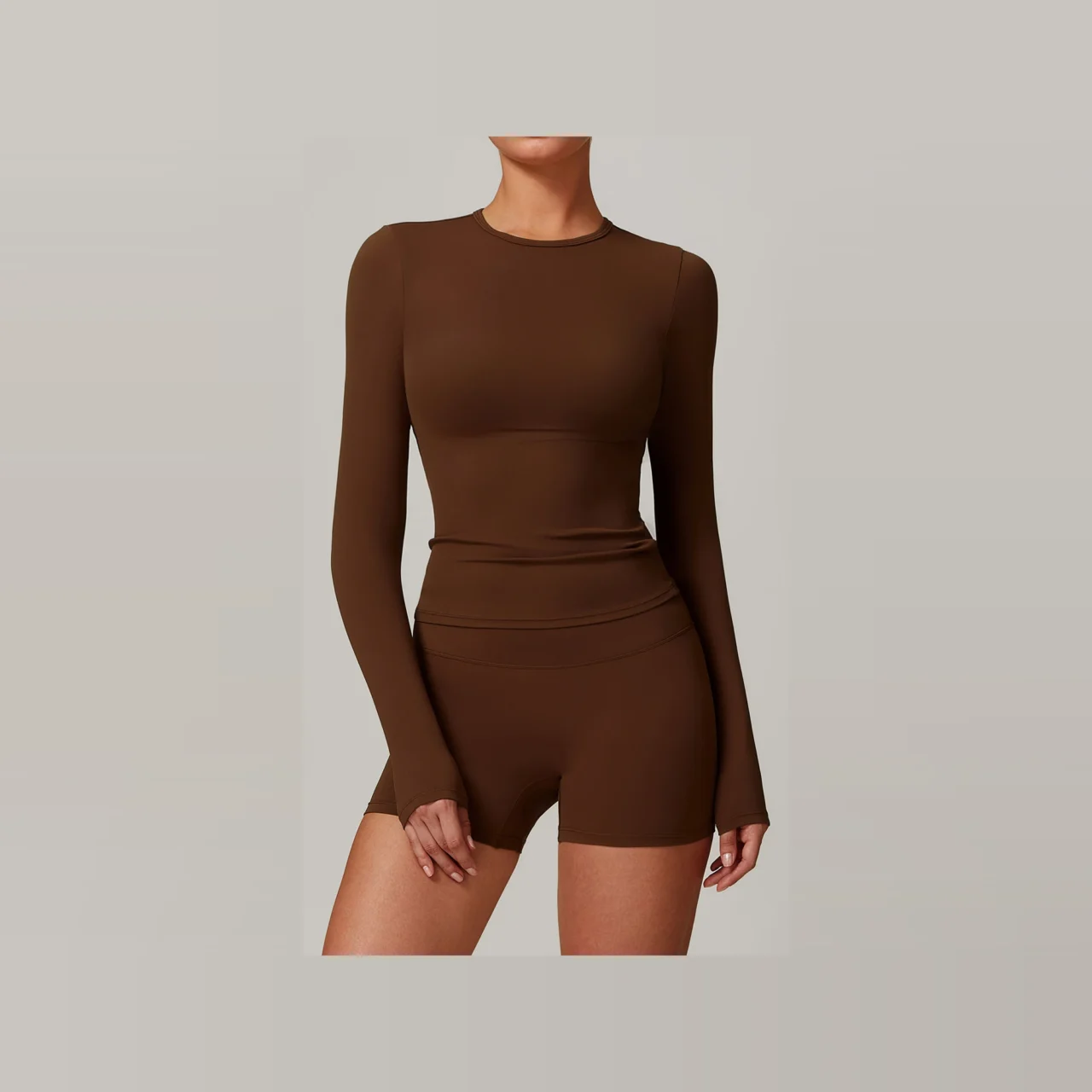 YEEGEM YGCX8519 fitted long-sleeve active top, chocolate front