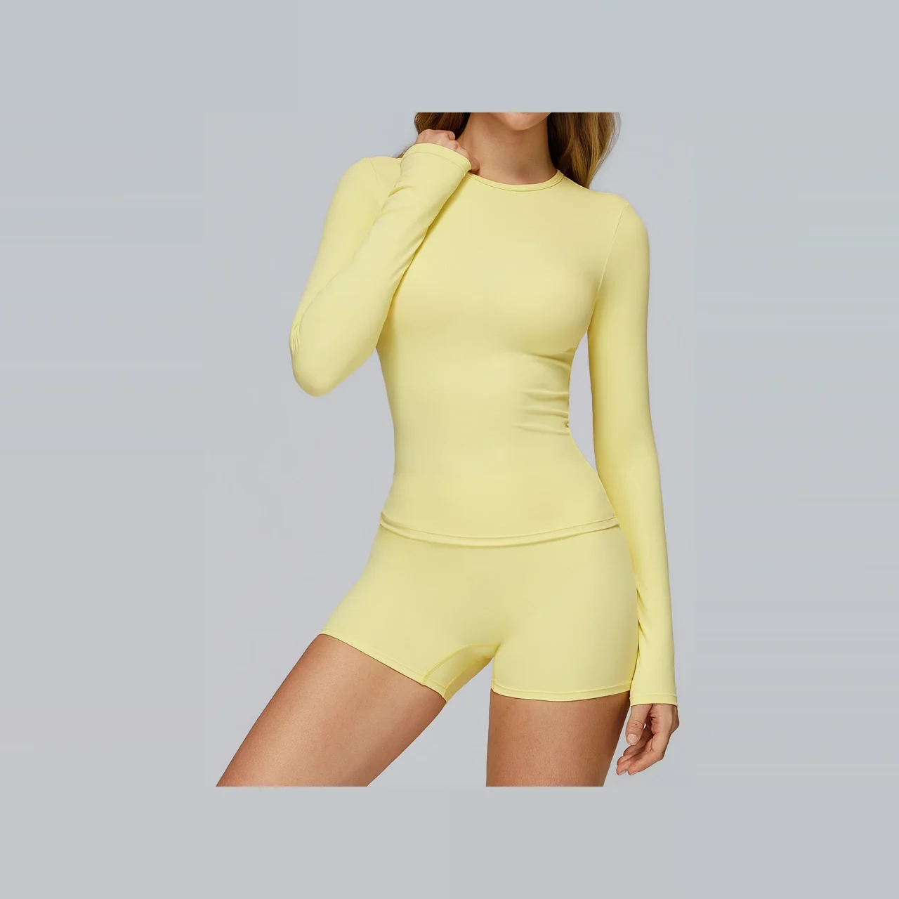 YEEGEM YGCX8519 fitted long-sleeve active top, pale yellow front