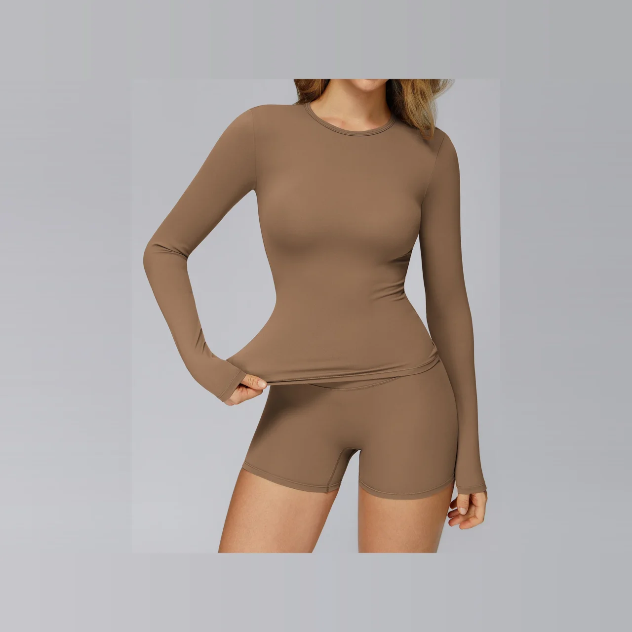 YEEGEM YGCX8519 fitted long-sleeve active top, taupe front