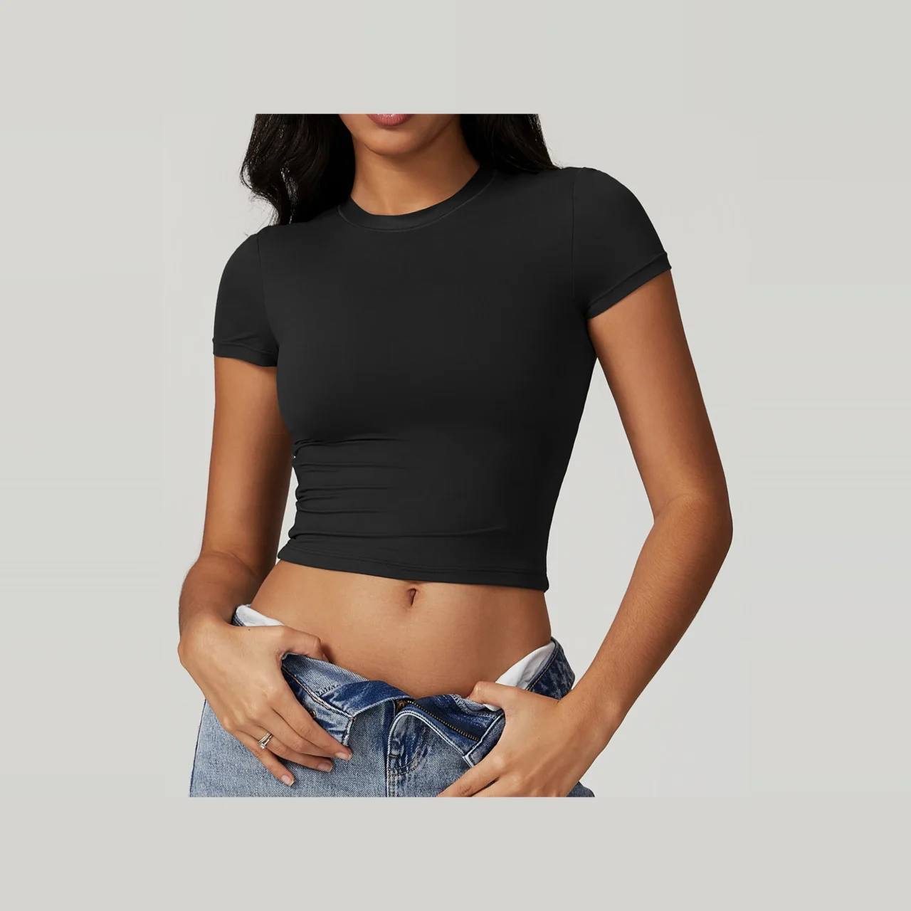 YEEGEM YGDX8743 fitted cropped active tee, black front
