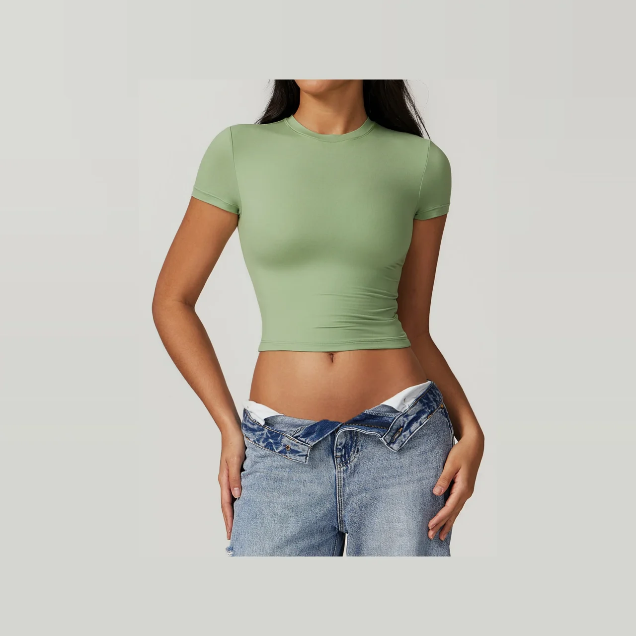 YEEGEM YGDX8743 fitted cropped active tee, sage front