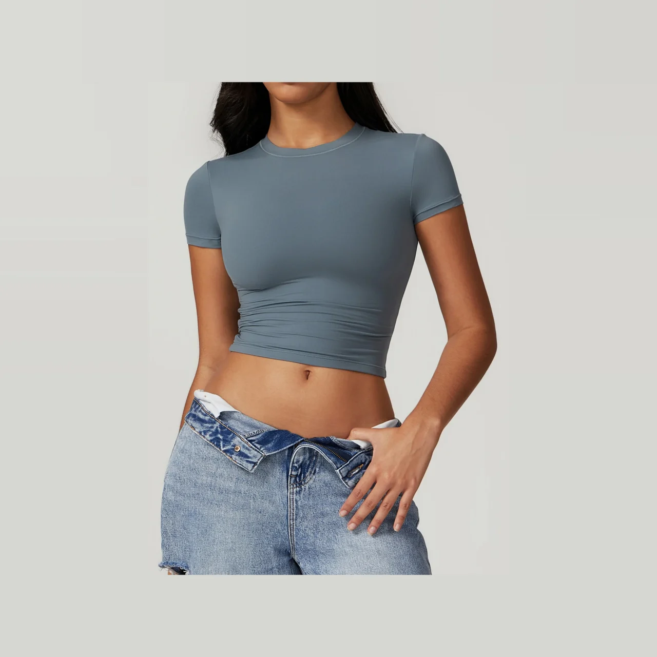 YEEGEM YGDX8743 fitted cropped active tee, slate blue front