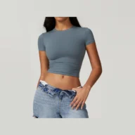 YEEGEM YGDX8743 fitted cropped active tee, slate blue front