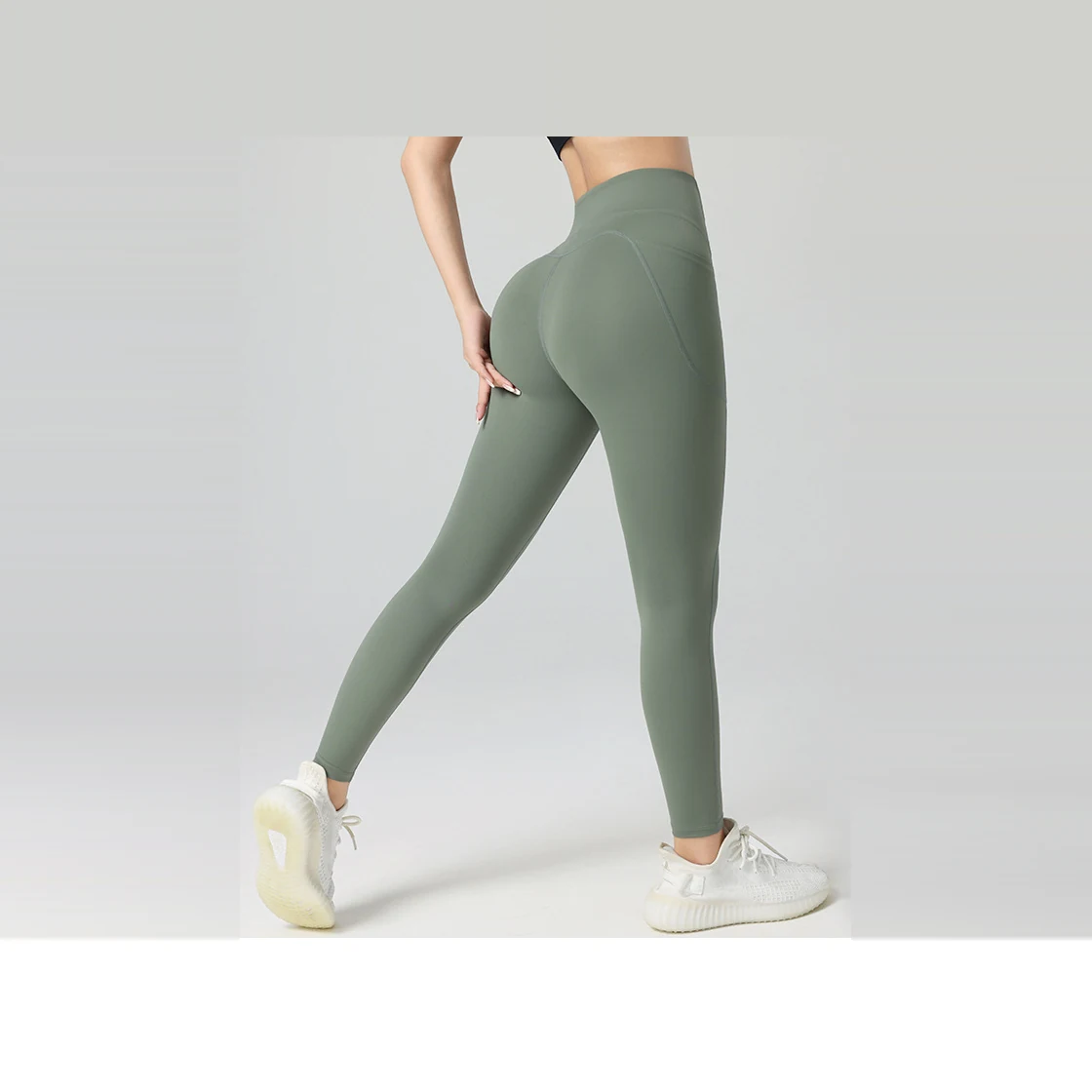 YEEGEM YGFY4568 high-waist side-pocket performance leggings, sage back angled view