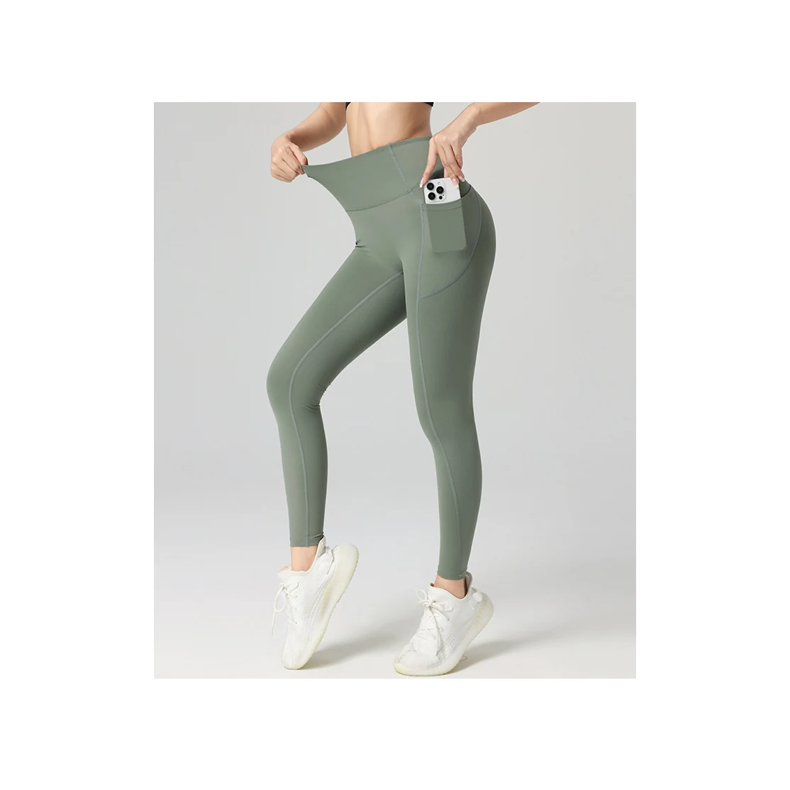YEEGEM YGFY4568 high-waist side-pocket performance leggings, sage side pocket view