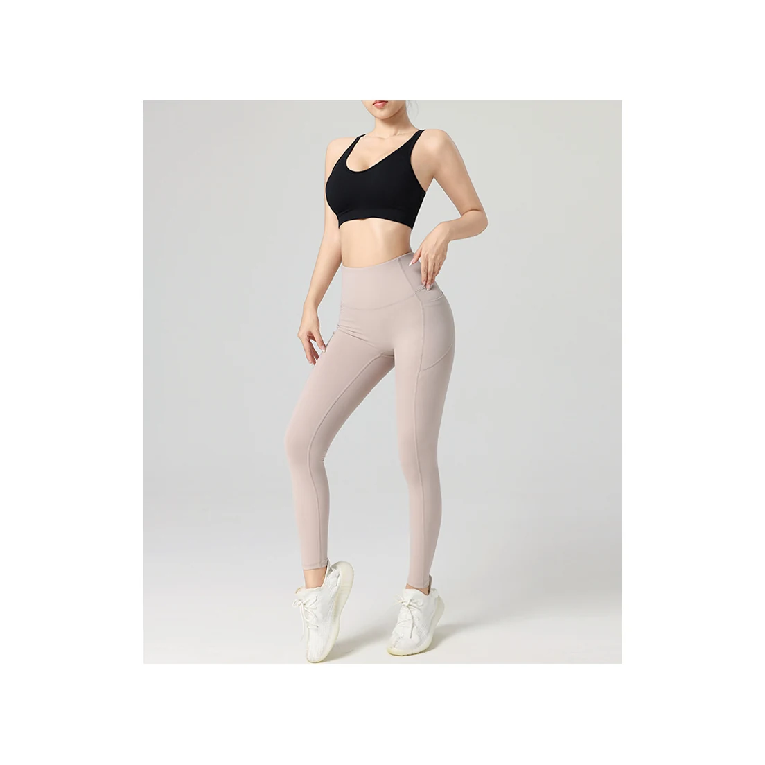 YEEGEM YGFY4568 high-waist side-pocket performance leggings, taupe front