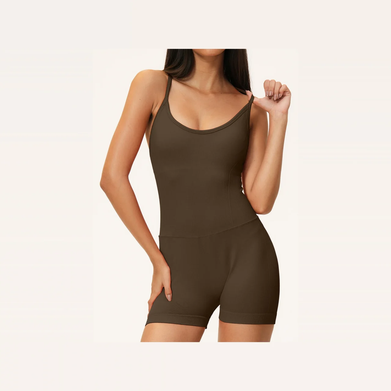 YEEGEM YGLT5107 strappy-back active unitard, dark brown — front