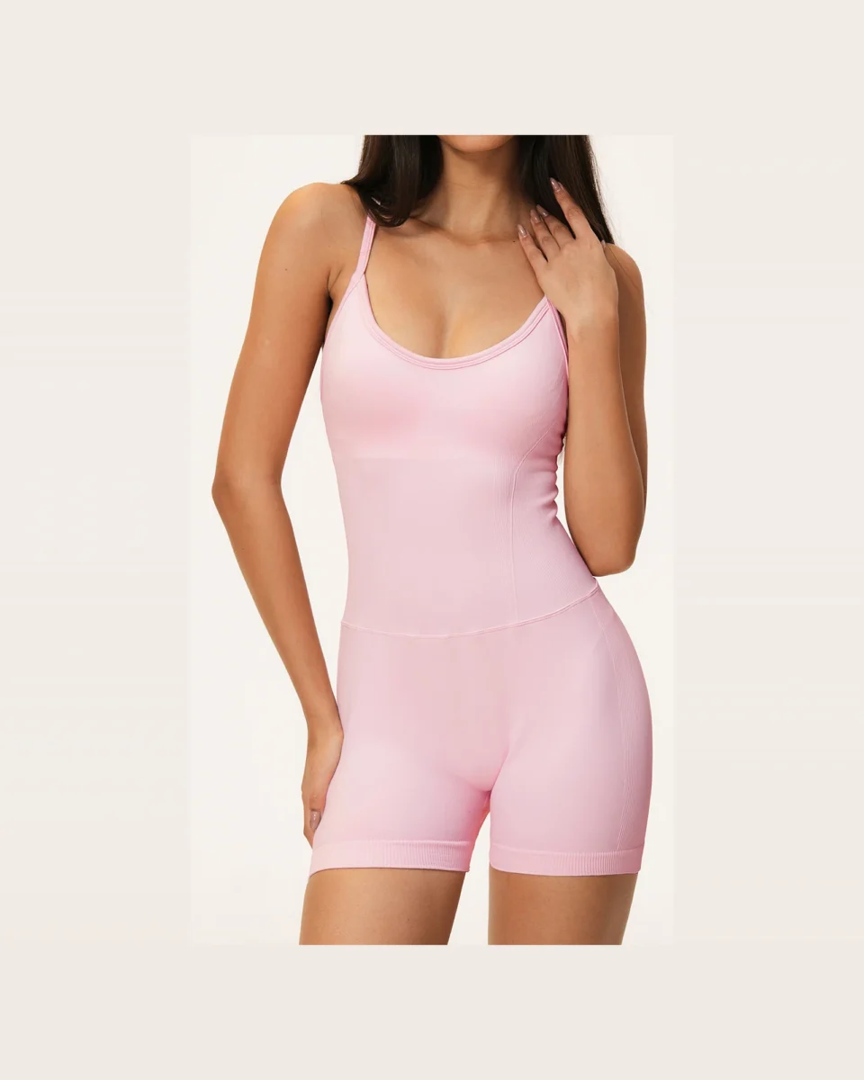 YEEGEM YGLT5107 strappy-back active unitard, pink — front