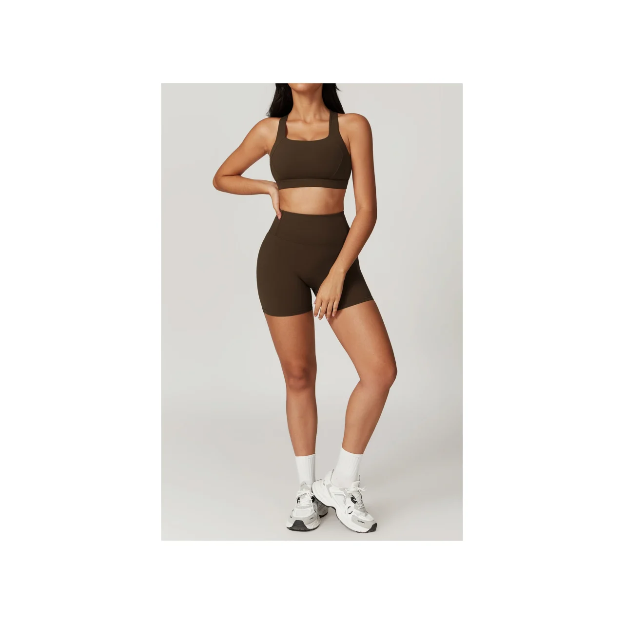 YEEGEM YGTZ8047 cross-back coordinated active set, burnt coffee — bra + shorts — front