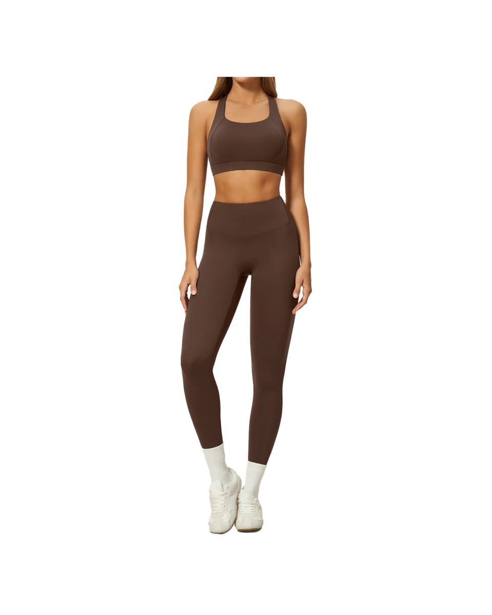 YEEGEM YGTZ8047 cross-back coordinated active set, burnt coffee — bra + leggings — front
