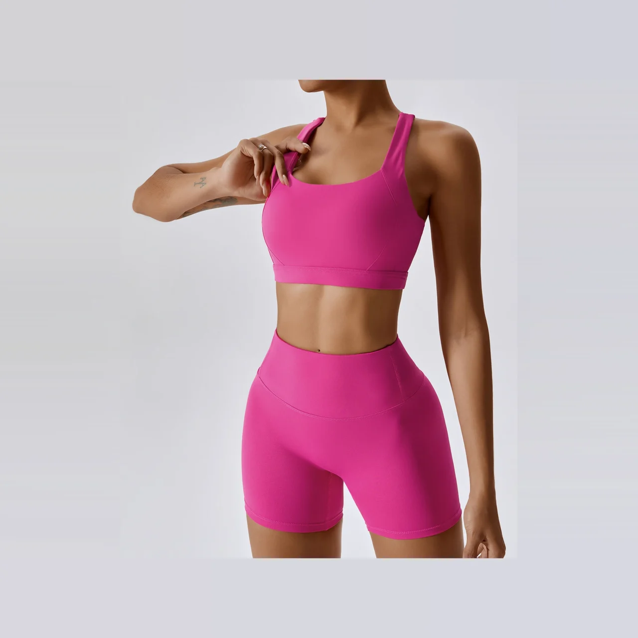 YEEGEM YGTZ8047 cross-back coordinated active set, fuchsia — bra + shorts