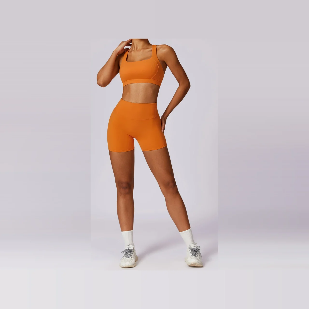 YEEGEM YGTZ8047 cross-back coordinated active set, orange — bra + shorts