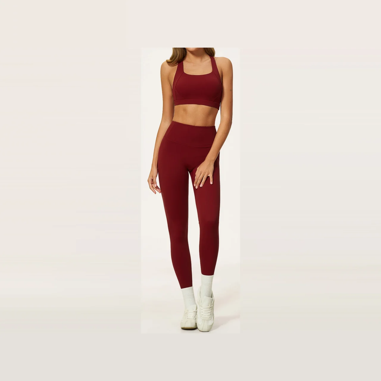 YEEGEM YGTZ8047 cross-back coordinated active set, wine — bra + leggings